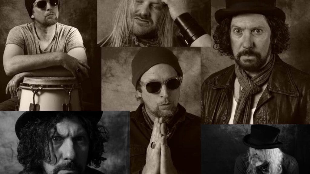 A collage of sepia photographs of members of the band Shank