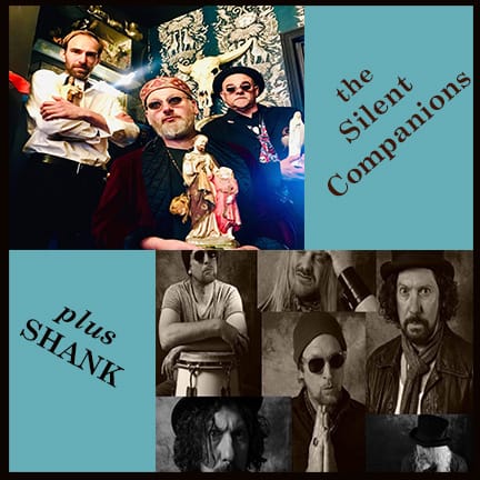 two images of bands one above the other in opposite corners of a turquoise square